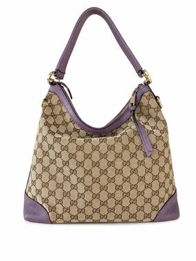 Gucci GG Canvas Purple Leather Hobo Shoulder Bag Beige Monogram Gold Hardware